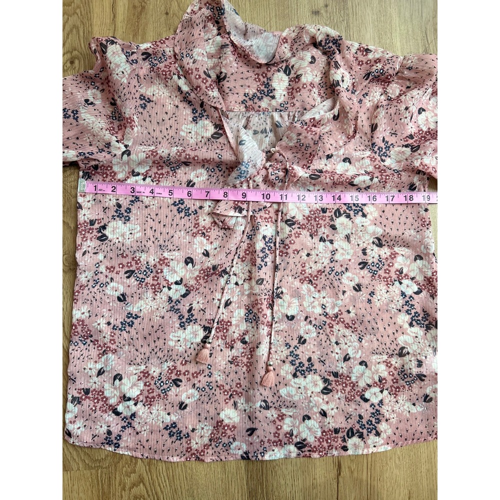 PAIGE Pink Floral Ruffle Blouse Metallic Shimmer Tie Neck Boho Romantic Top S - Picture 7 of 8